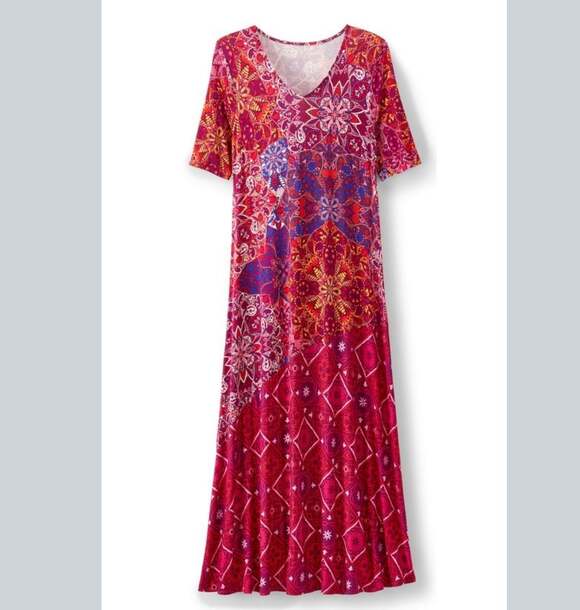 Soft Surroundings Dresses & Skirts - Soft Surroundings Maxi Dress Short Sleeve Pink Red Boho Print V-Neck 3X
